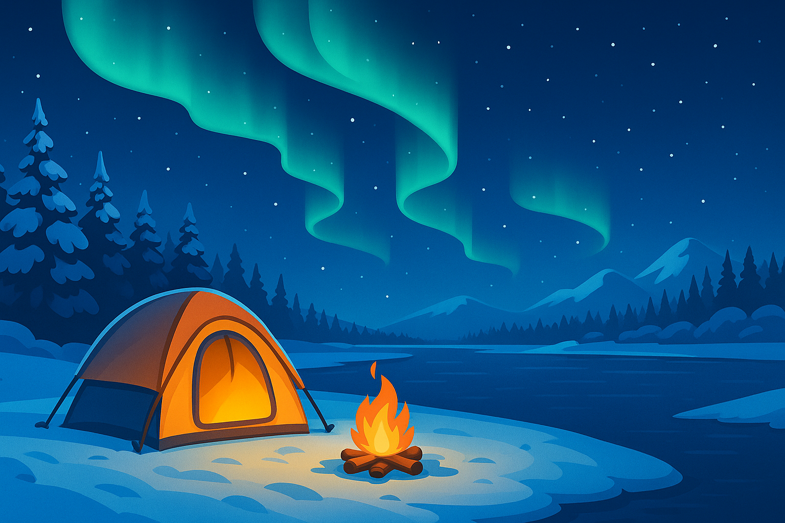 Northern lights and campfire